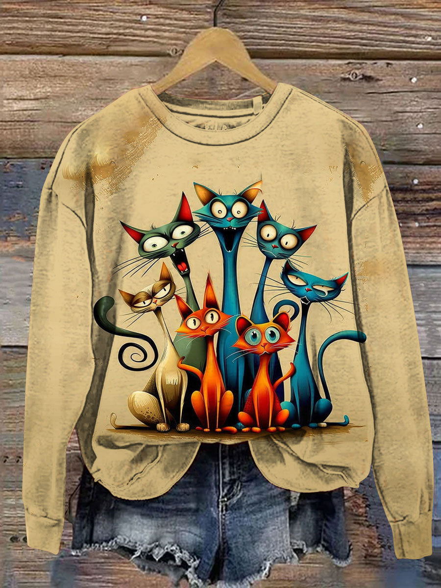 Abstrct Vintage Cats Art Print Casual  Sweatshirt