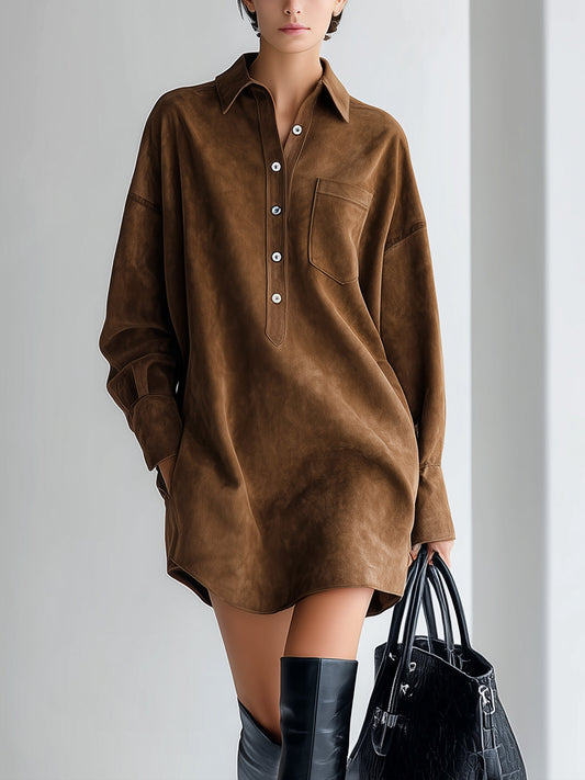 Taidalw Chic Vintage Brown Faux Suede Lapel Button-Front Patch Pocket Long Sleeve Oversized Mini Dress