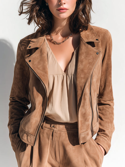 Taidalw Chic Vintage Camel Faux Suede Lapel Zipper-Front Biker Style Cropped Jacket