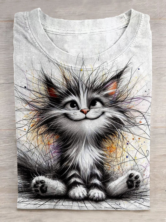 Cat Art Print Casual Short Sleeve T-shirt