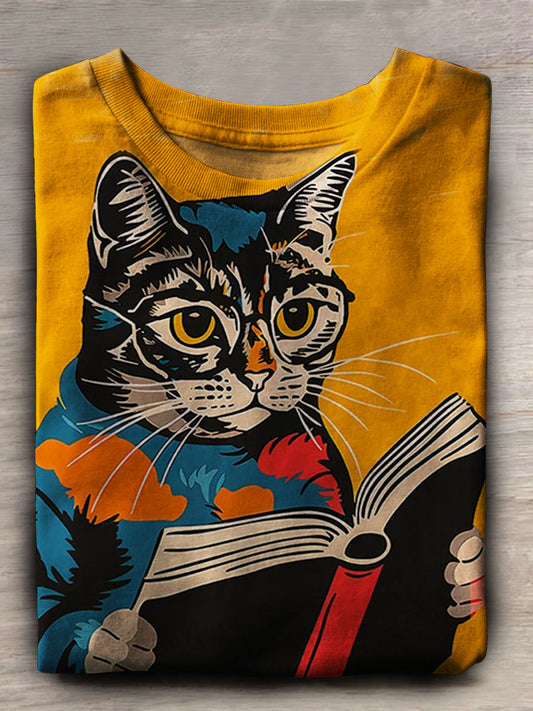 Book Cat Print Casaul Short Sleeve T-shirt