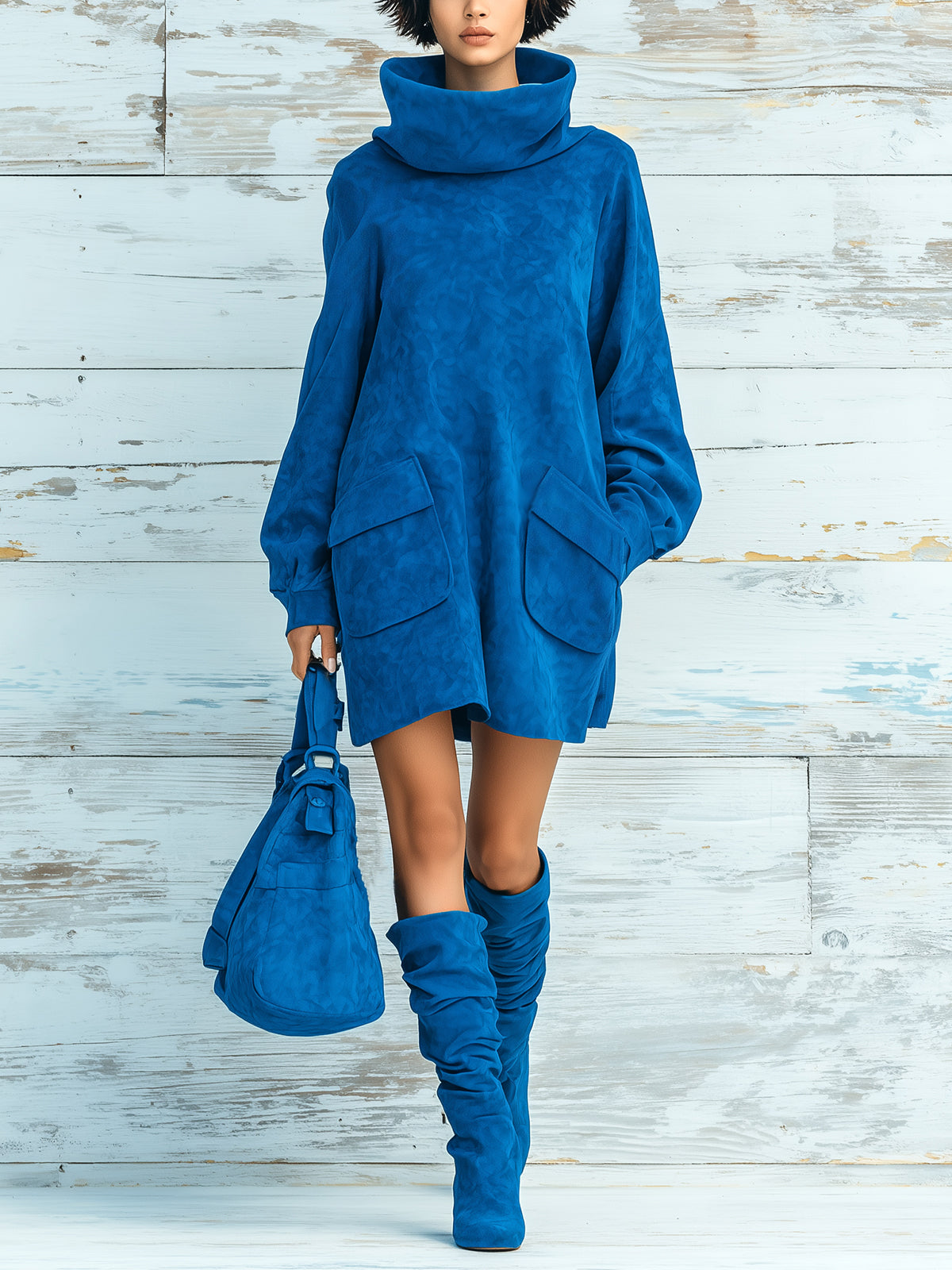 Taidalw Chic Elegant Royal Blue Faux Suede Oversized Turtleneck Long Lantern Sleeve Patch Pocket Mini Dress