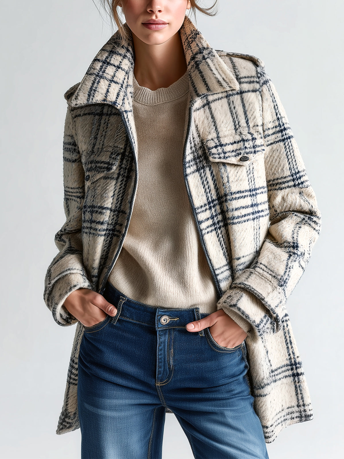 Taidalw Vintage Casual Plaid Wool Blend Lapel Flap Pocket Zipper-Front Mid-Length Coat