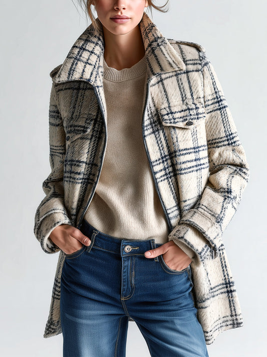 Taidalw Vintage Casual Plaid Wool Blend Lapel Flap Pocket Zipper-Front Mid-Length Coat