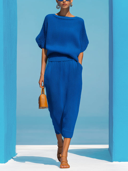 Taidalw Chic Elegant Royal Blue Boat Neck Short-Sleeve Loose-Fit Sweater And Bodycon Midi Skirt Ribbed Knit Two-Piece Set