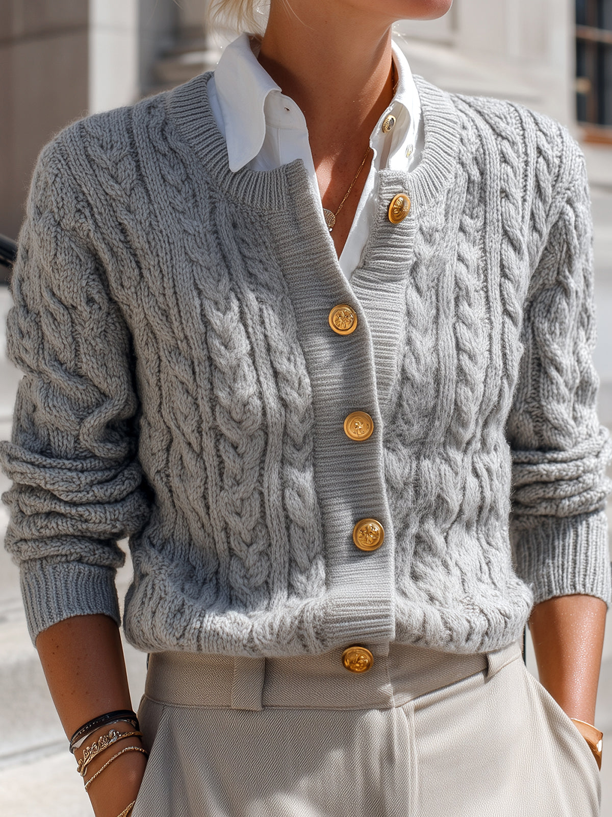 Taidalw Casual Chic Light Gray Cable Knit Crew Neck Gold Button Cropped Cardigan