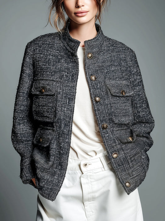 Taidalw Chic Vintage Black Tweed Stand Collar Single-breasted Multi-pocket Loose Work Jacket