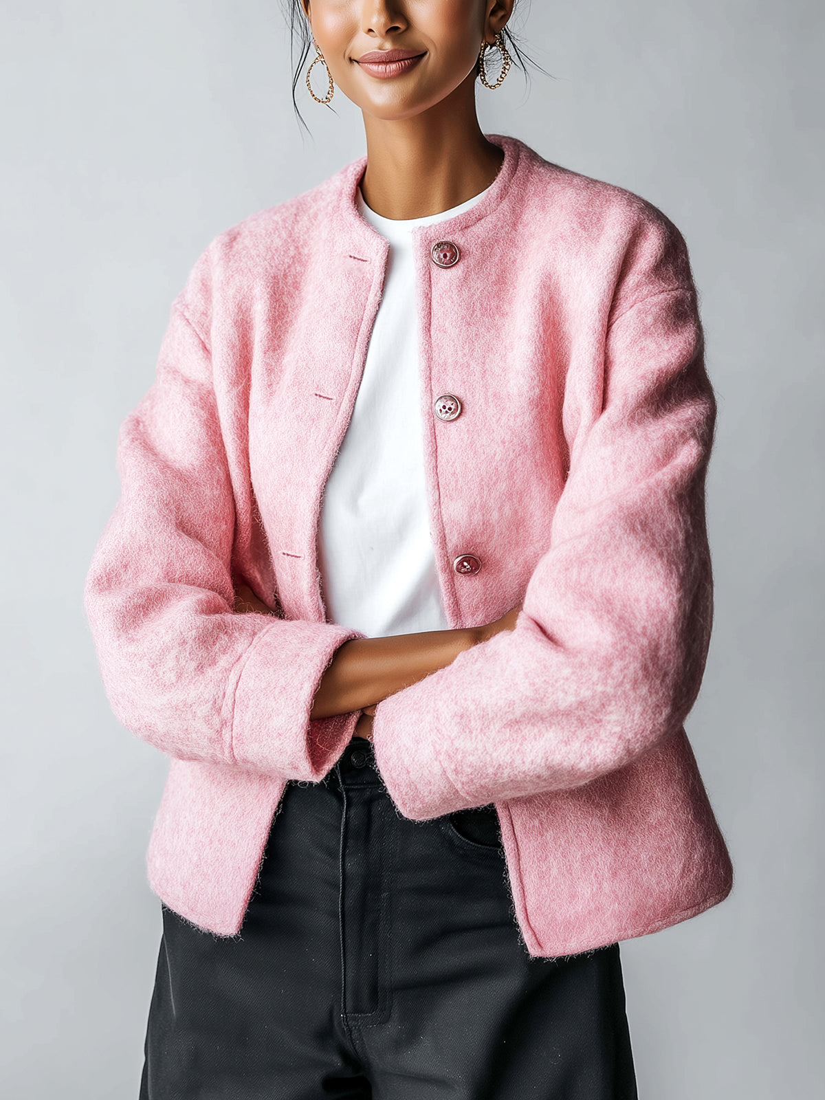 Taidalw Chic Vintage Pink Wool Blend Round Neck Single-Breasted Relaxed Jacket