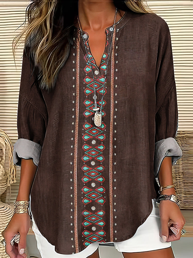 Western Style Printed V-neck Long Sleeved Shirt