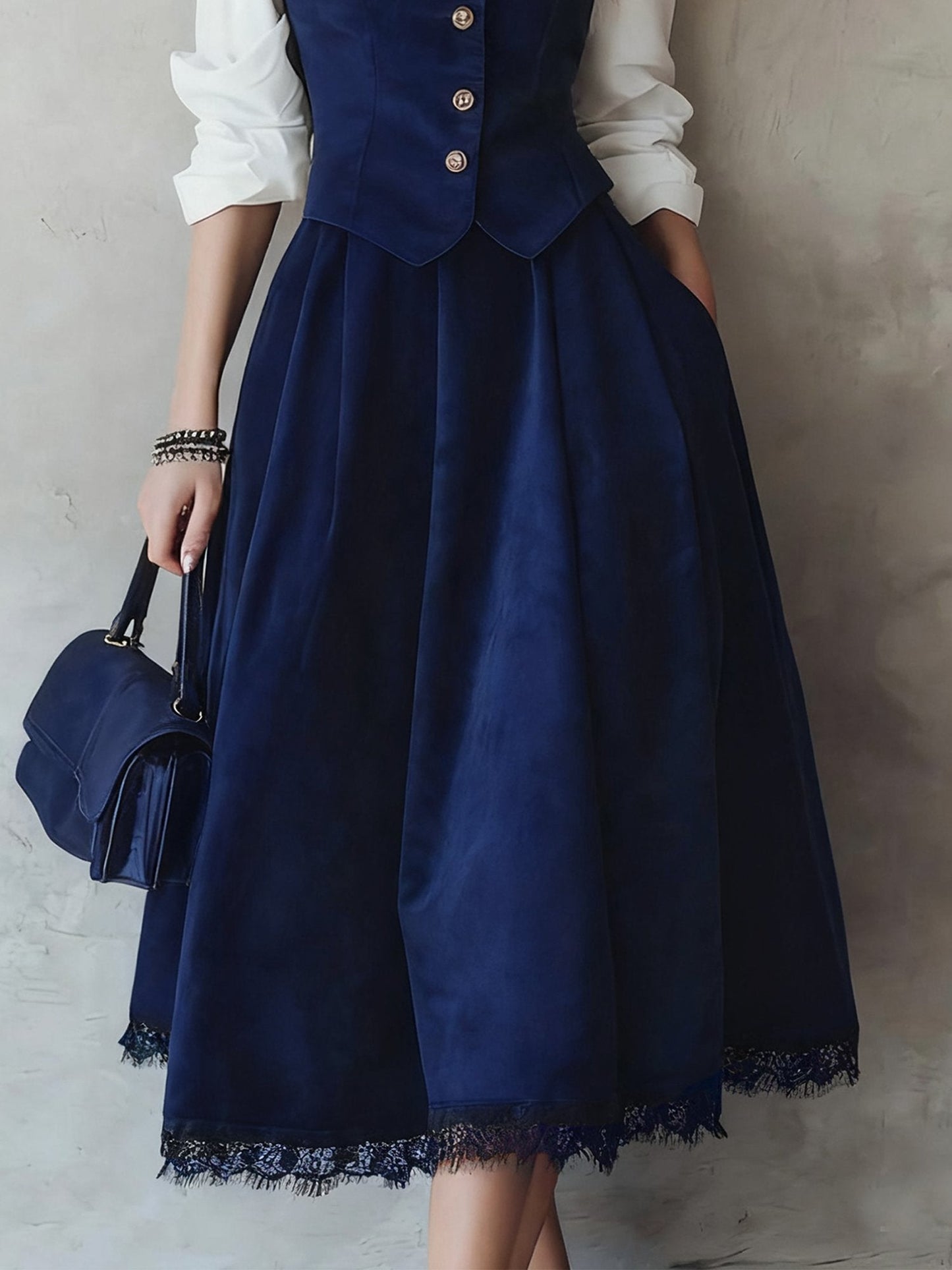 Midi Cotton Skirt, Plain, Pocket Design, Vintage, Green