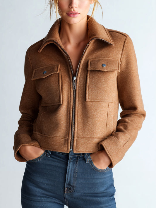 Taidalw Casual Camel Wool Blend Lapel Zip-Up Double Pocket Short Sophisticated Jacket