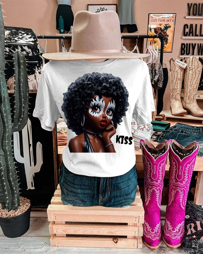 Black Girl Kiss Crew Neck Short Sleeve Cotton T-shirt