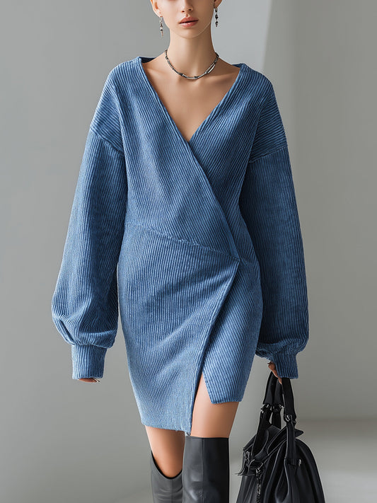 Taidalw Chic Vintage Dark Blue Corduroy V-neck Asymmetrical Front Long Lantern Sleeve Loose Fit Mini Dress