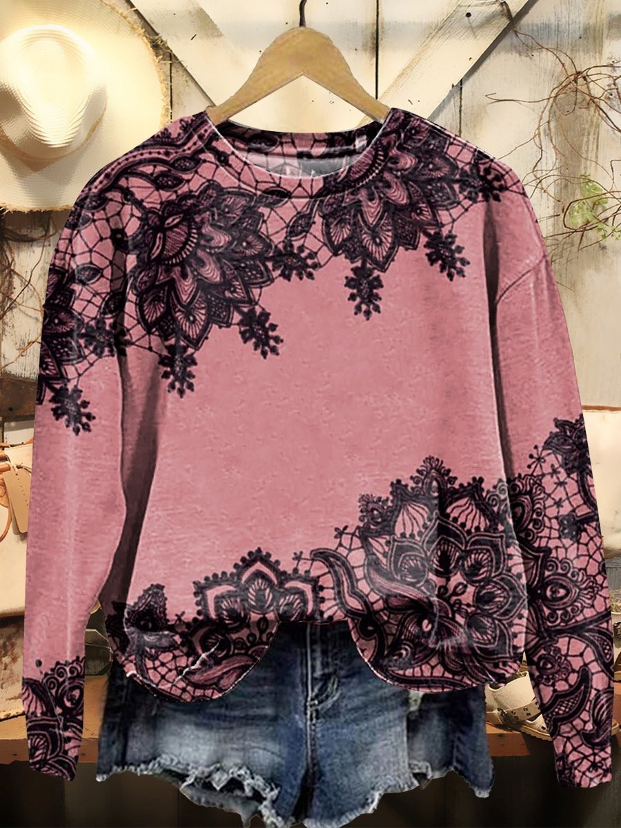 Women's Vintage Lace Textured Print Casual Crew Neck Sweatshirt