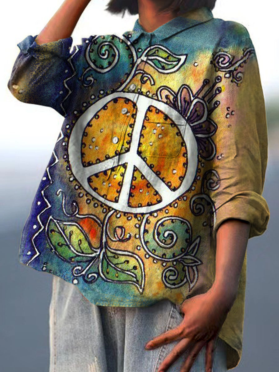 Women's Retro Colorful Anti-war Peace Sign Print Casual Cotton And Linen Shirt