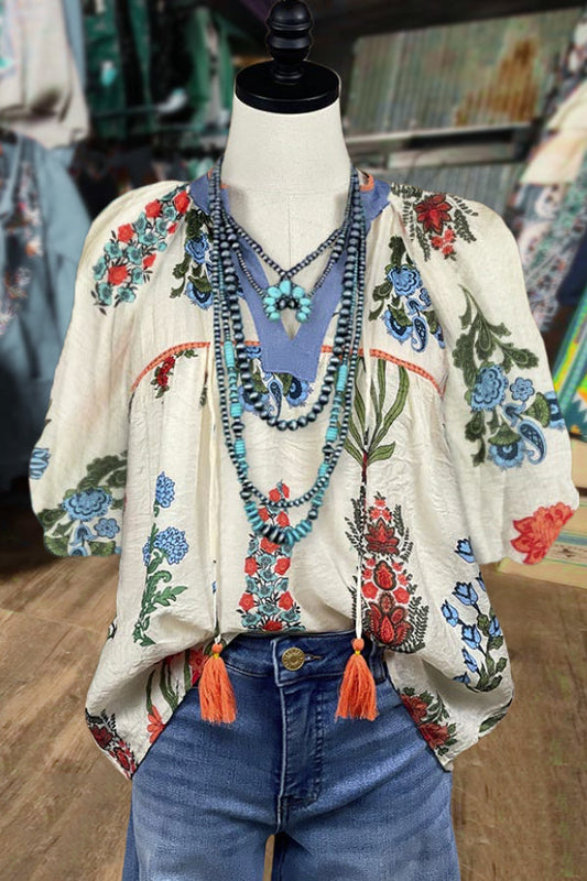 Fashion Floral Print Tassel Tie Half Sleeve Top