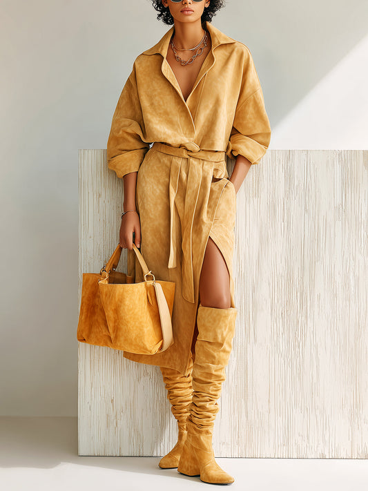 Taidalw Chic Vintage Khaki Faux Suede Lapel V-Neck Long Sleeve Oversize Belted Side Slit Midi Dress