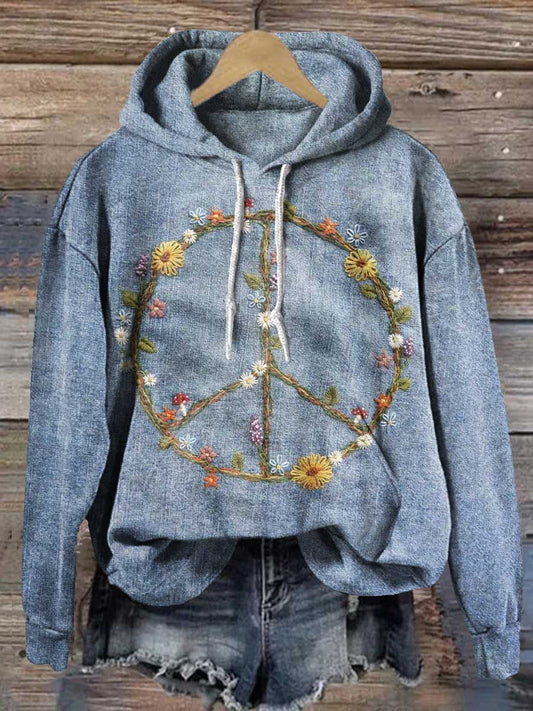 Retro Hippie Peace Sign Floral Love and Peace Casual Hoodie Sweatshirt