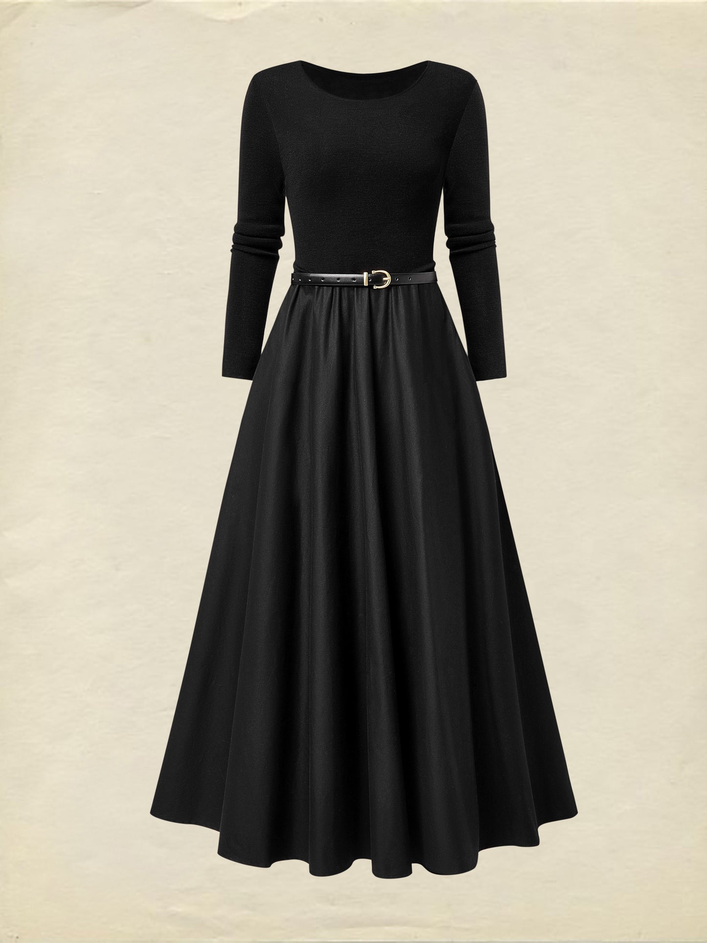 Maxi Dress, 100% Wool Top with Cotton Skirt, Long Sleeves, Round Neck, Plain, Belt Design, French Vintage, Black