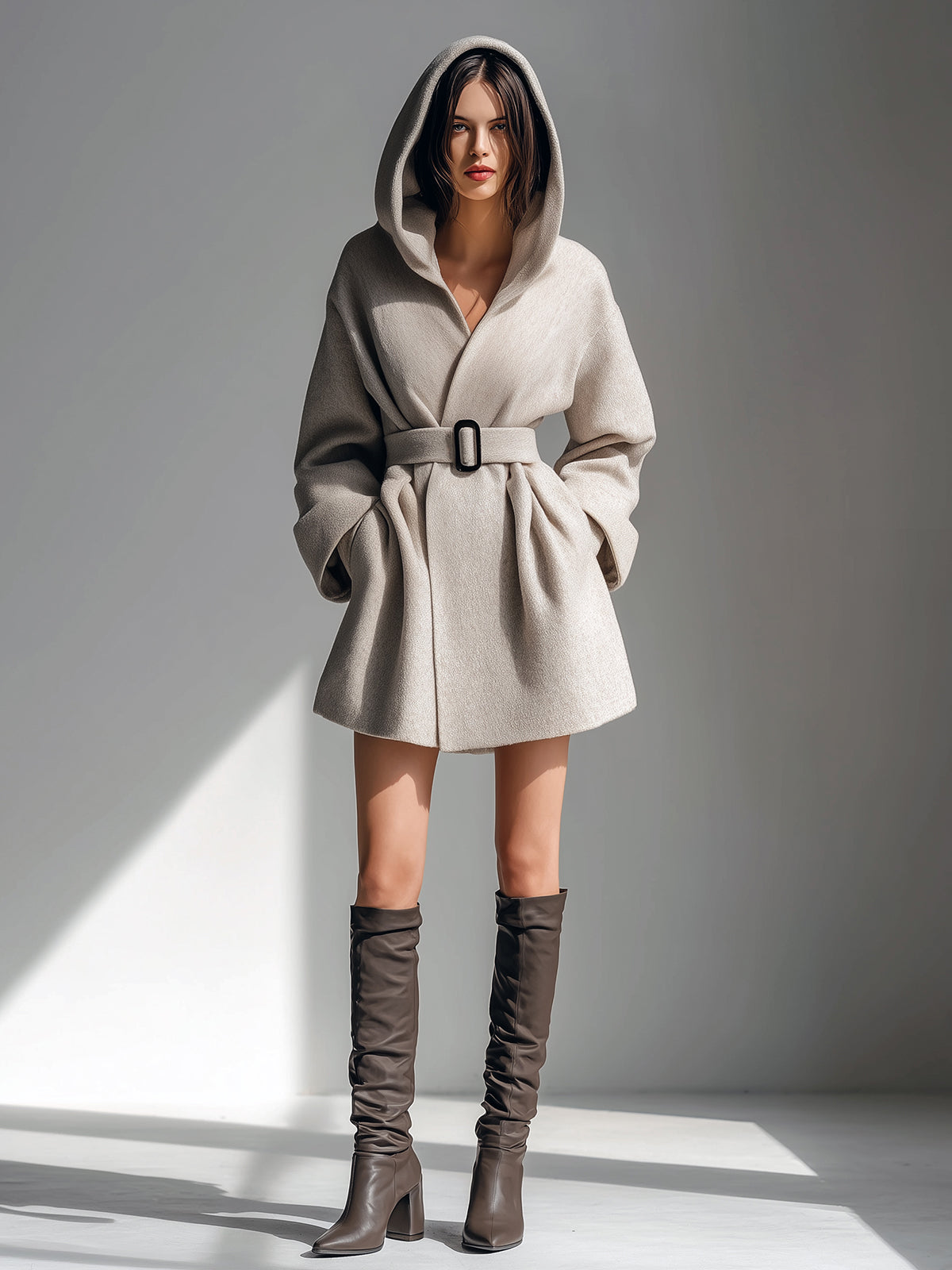 Taidalw Chic Vintage Beige Gray Wool Blend Hooded Belted Slouchy Short Coat