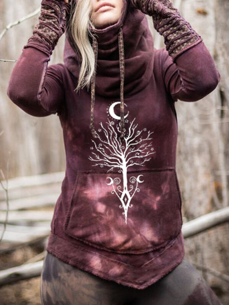 Vintage Elf Moon Tree Print Hoodie