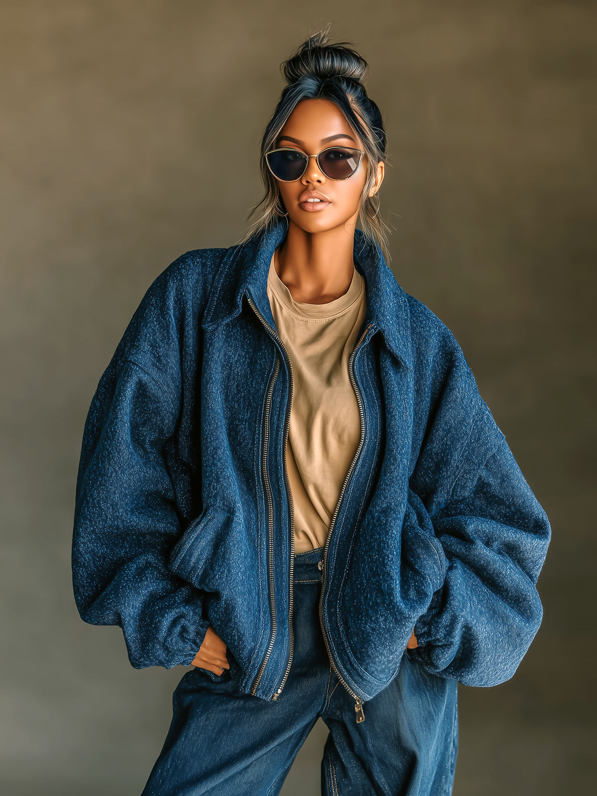 Taidalw Casual Chic Dark Blue Wool Blend Lapel Zip-Front Oversized Bomber Jacket