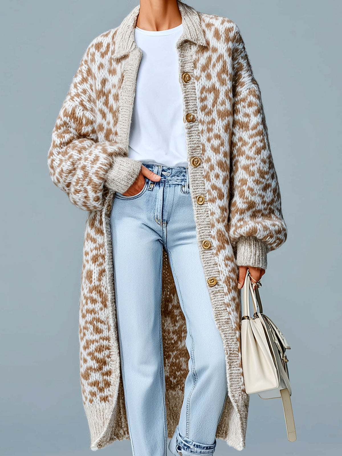 Taidalw Chic Vintage Light Khaki Leopard Lapel Single-breasted Maxi-Length Slouchy Knit Cardigan