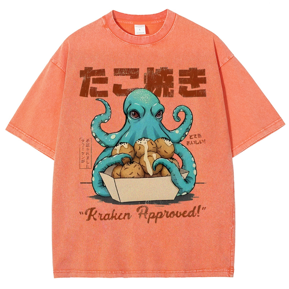 Unisex Japanese Octopus Printed Washed Tee