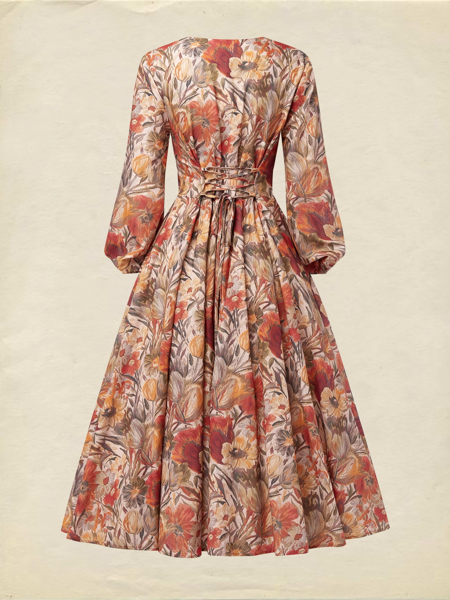 Midi Linen Dress, Long Sleeves, V Neck, Floral, Pocket Design, Vacation, Vintage, Yellow Brown