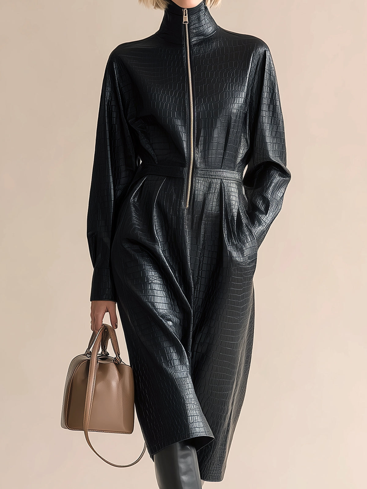 Taidalw Chic Vintage Black Crocodile-Patterned PU Stand Collar Zipper-Front Long Sleeve Tailored Waist Midi Dress
