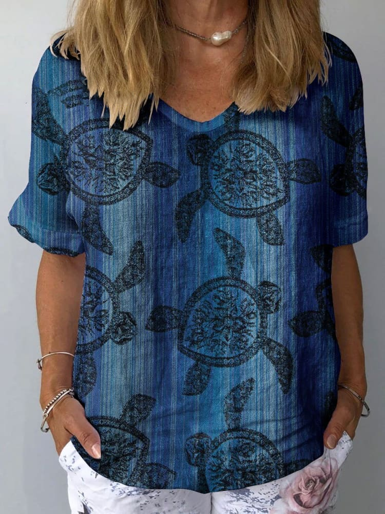 Women's Turtle Pattern Print Cotton And Linen Top