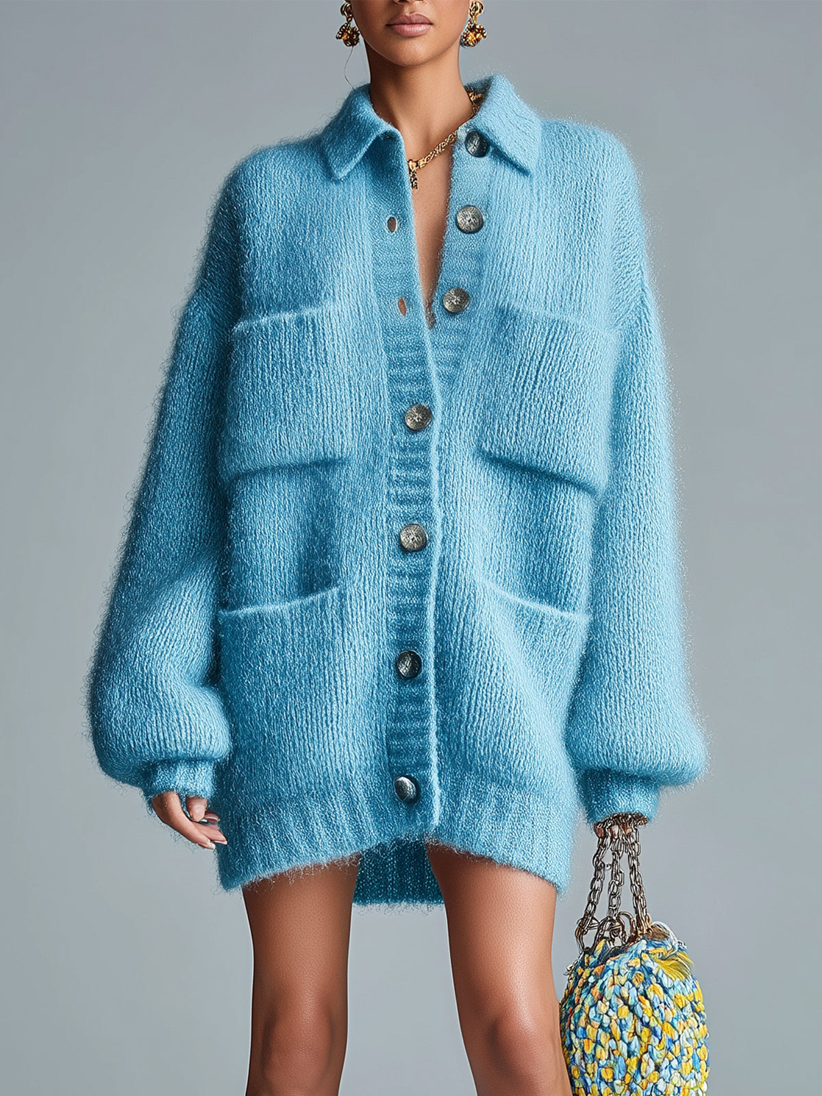 Taidalw Chic Casual Blue Lapel Single-Breasted Multi-Pocket Fuzzy Slouchy Knit Cardigan