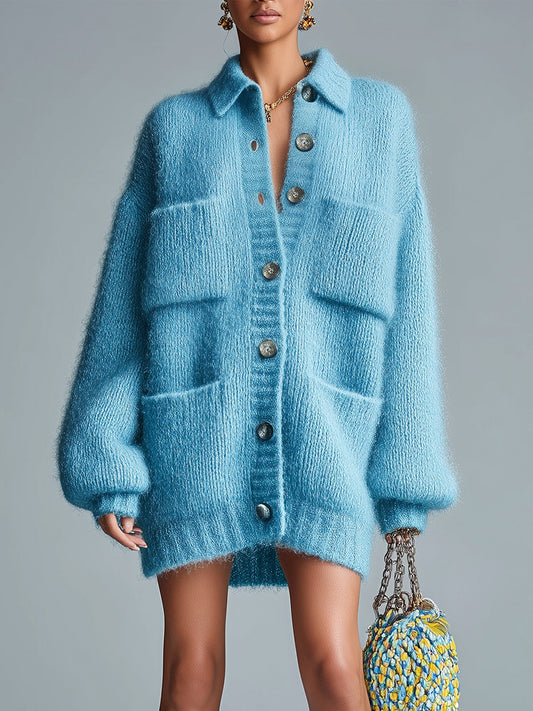 Taidalw Chic Casual Blue Lapel Single-Breasted Multi-Pocket Fuzzy Slouchy Knit Cardigan