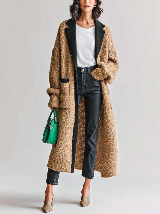 Taidalw Chic Vintage Camel Black Colorblcok Notched Collar Single-breasted Long Sleeve Patch Pocket Knit Long Cardigan