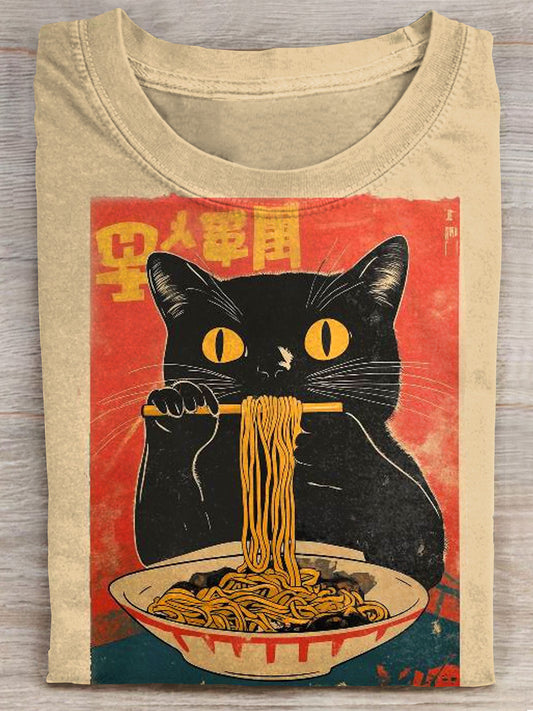 Vintage Cat Eating Ramen Retro Japanese Art Print Casaul Short Sleeve T-shirt