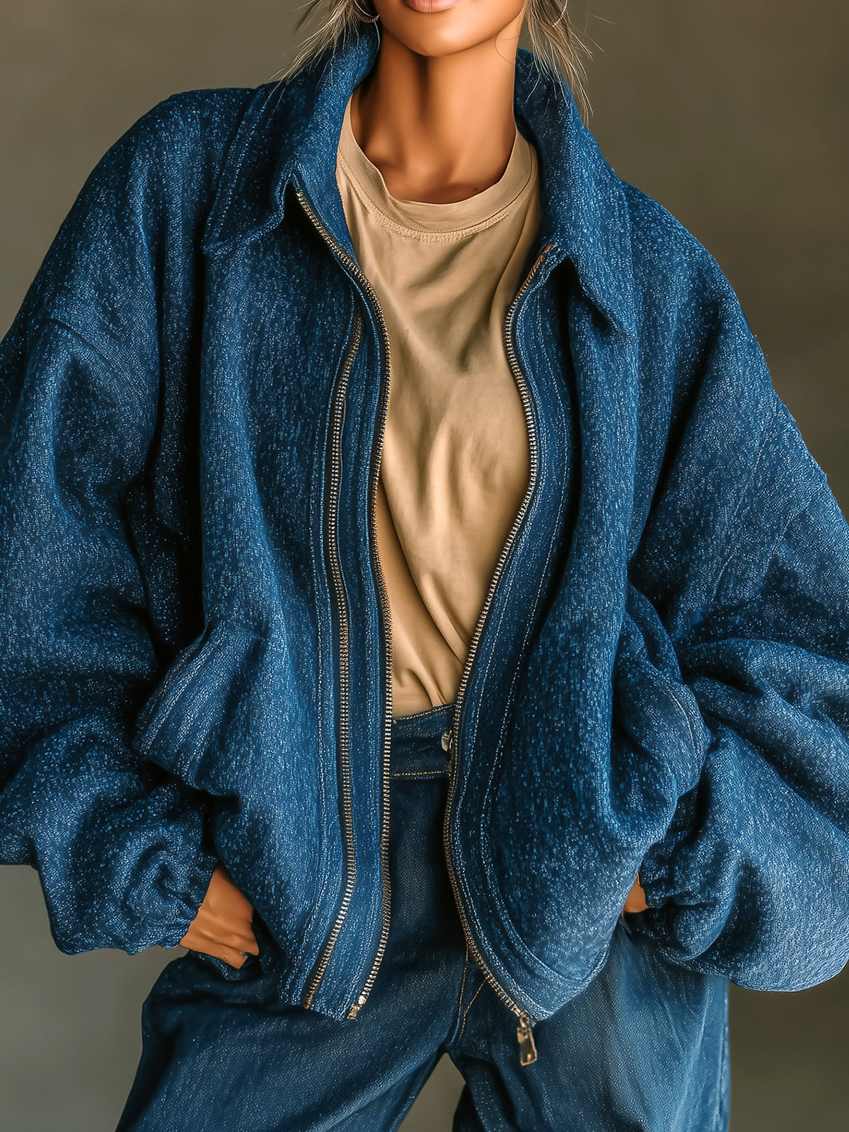 Taidalw Casual Chic Dark Blue Wool Blend Lapel Zip-Front Oversized Bomber Jacket