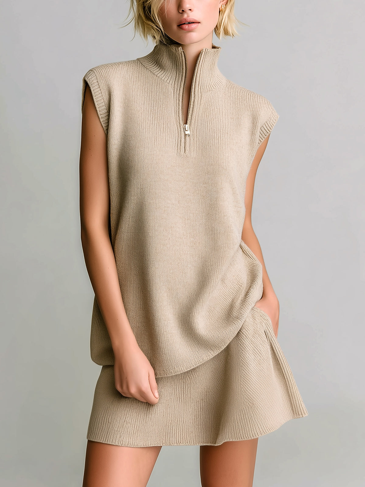 Taidalw Chic Elegant Light Camel Zipper-Up Stand Collar Sleeveless Oversize Sweater Top A-Line Mini Skirt Knit Two-Piece Set