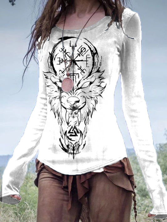 Viking Rune&Lion Print Casual Long Sleeve T-Shirt