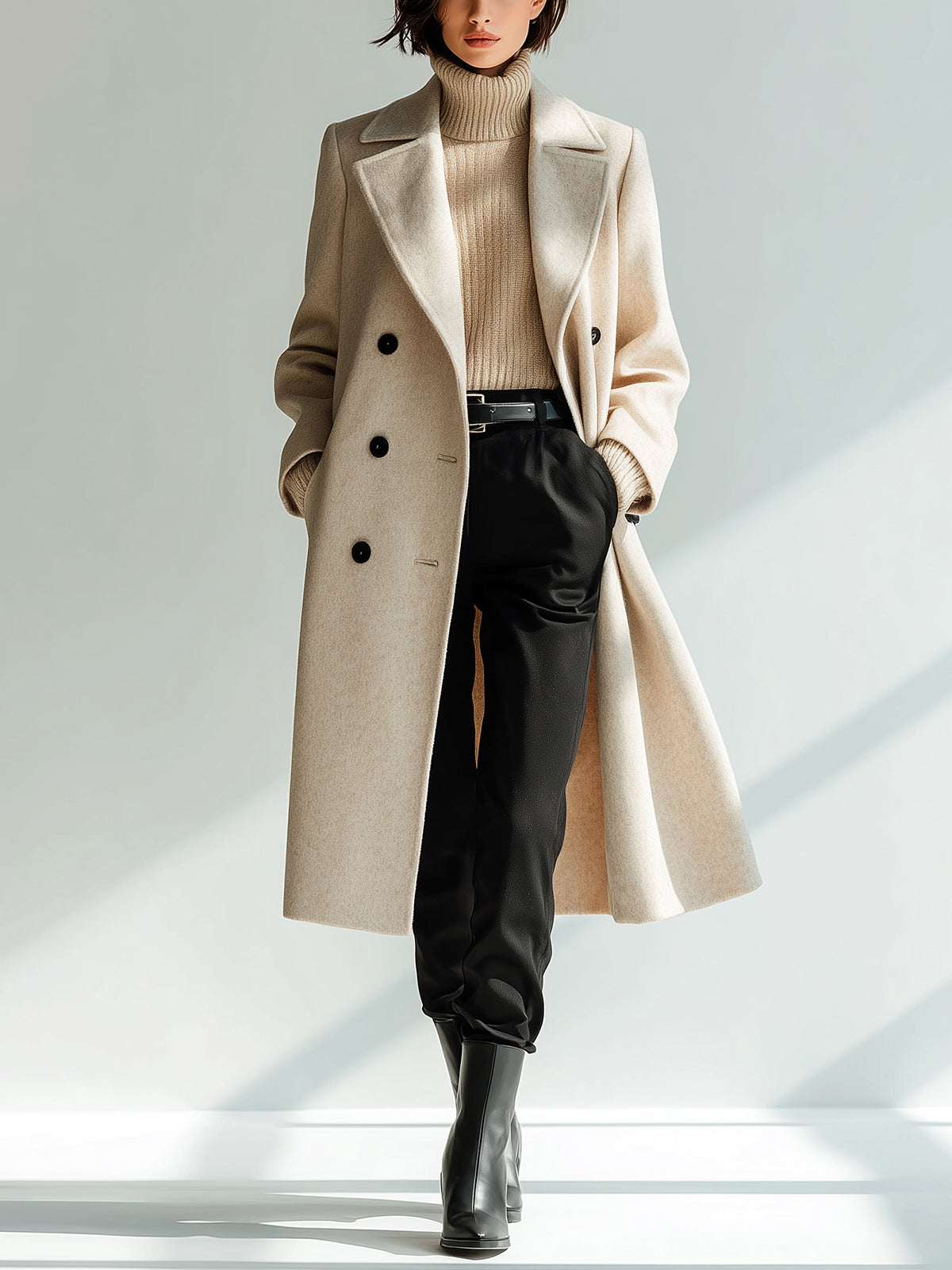 Taidalw Chic Vintage Beige Wool Blend Peak Lapel Double-Breasted Warm Long Coat