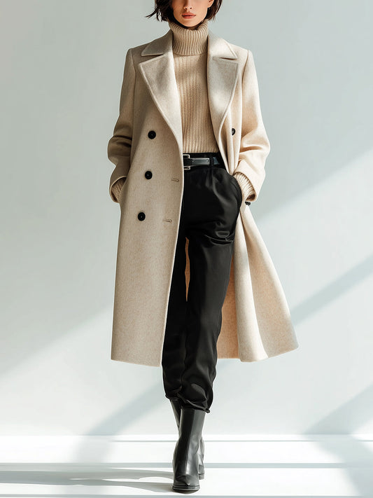 Taidalw Chic Vintage Beige Wool Blend Peak Lapel Double-Breasted Warm Long Coat