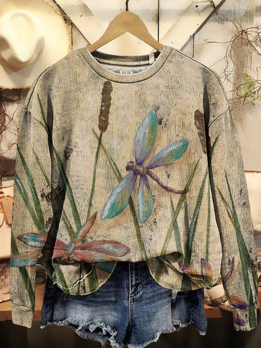 Women's Retro Dragonfly Print Casual Crew Neck Sweatshirt