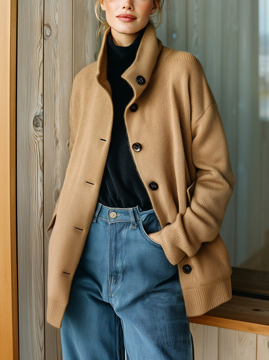 Taidalw Chic Casual Camel Stand Collar Single-Breasted Long Sleeve Flap Pocket Oversized Knit Cardigan
