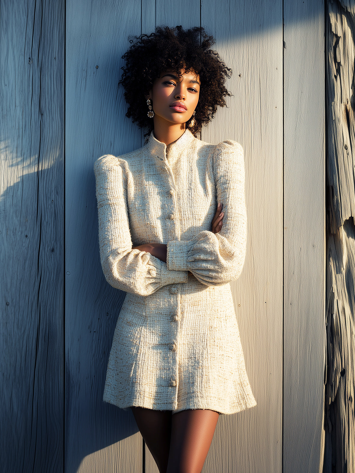 Taidalw Chic Vintage Cream White Tweed Stand Collar Puff Sleeve Single-Breasted Fitted Mini Dress