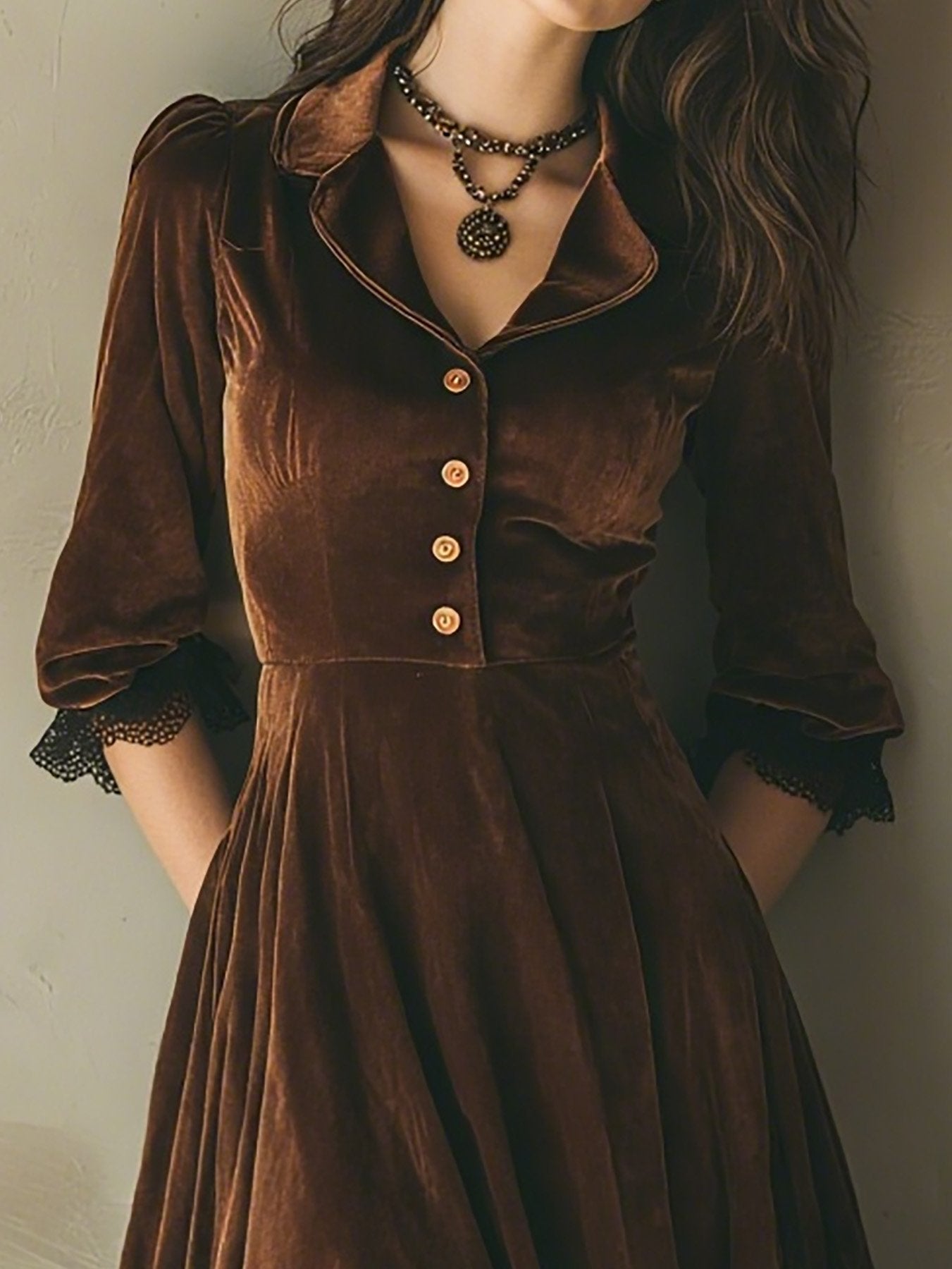 Midi Cotton Dress, Half Sleeve, Lapel Collar, Plain, Lace, Vintage, Coffee