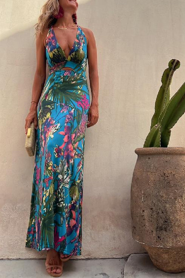 Rainforest Paradise Tropical Print Cutout Back Crossover Stretch Maxi Dress