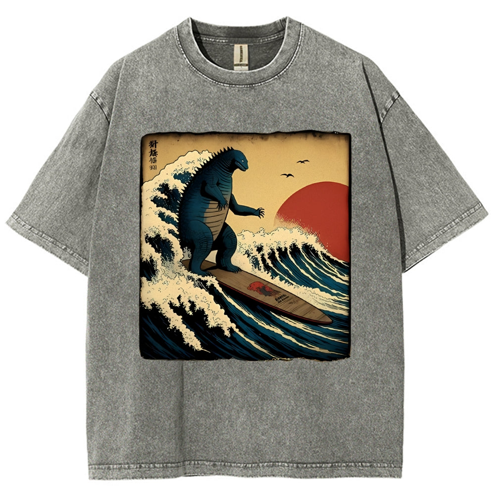 Unisex Vintage Japanese illustration Printed Washed Tee