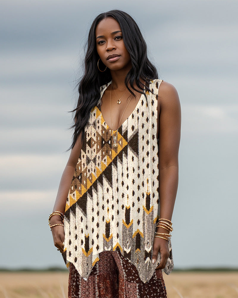 Ethnic Print V-neck Irregular Long Vest