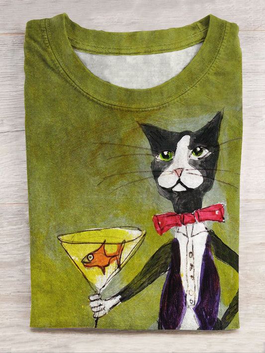 Funny Cat Print Casual Short Sleeve Top