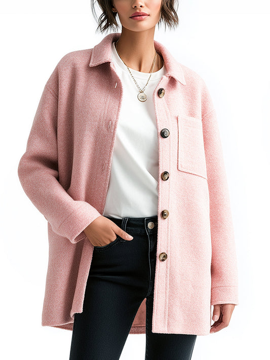 Taidalw Chic Vintage Pink Wool Blend Lapel Single-breasted Patch Pocket Loose Shirt Jacket