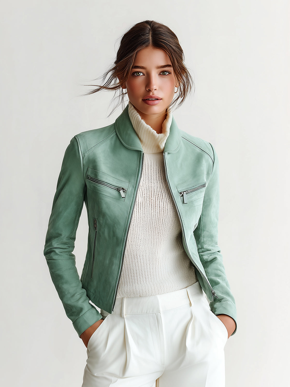 Taidalw Chic Vintage Mint Green Faux Suede Peter-Pan-Collar Zipper Utility-Pocket Cropped Biker Jacket